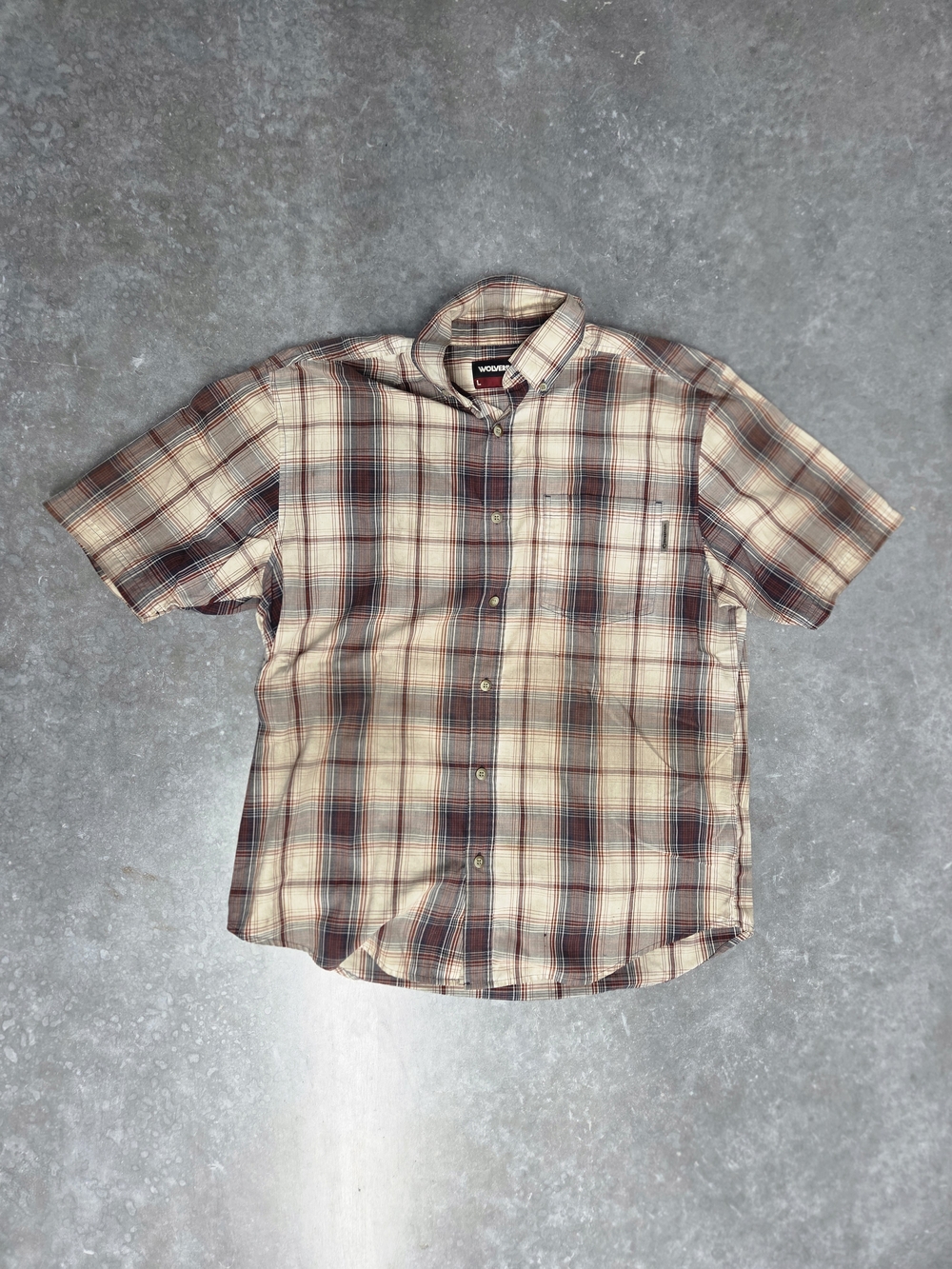 Wolverine Short-Sleeve Plaid Button-Down Shirt Brown Cream Size L
